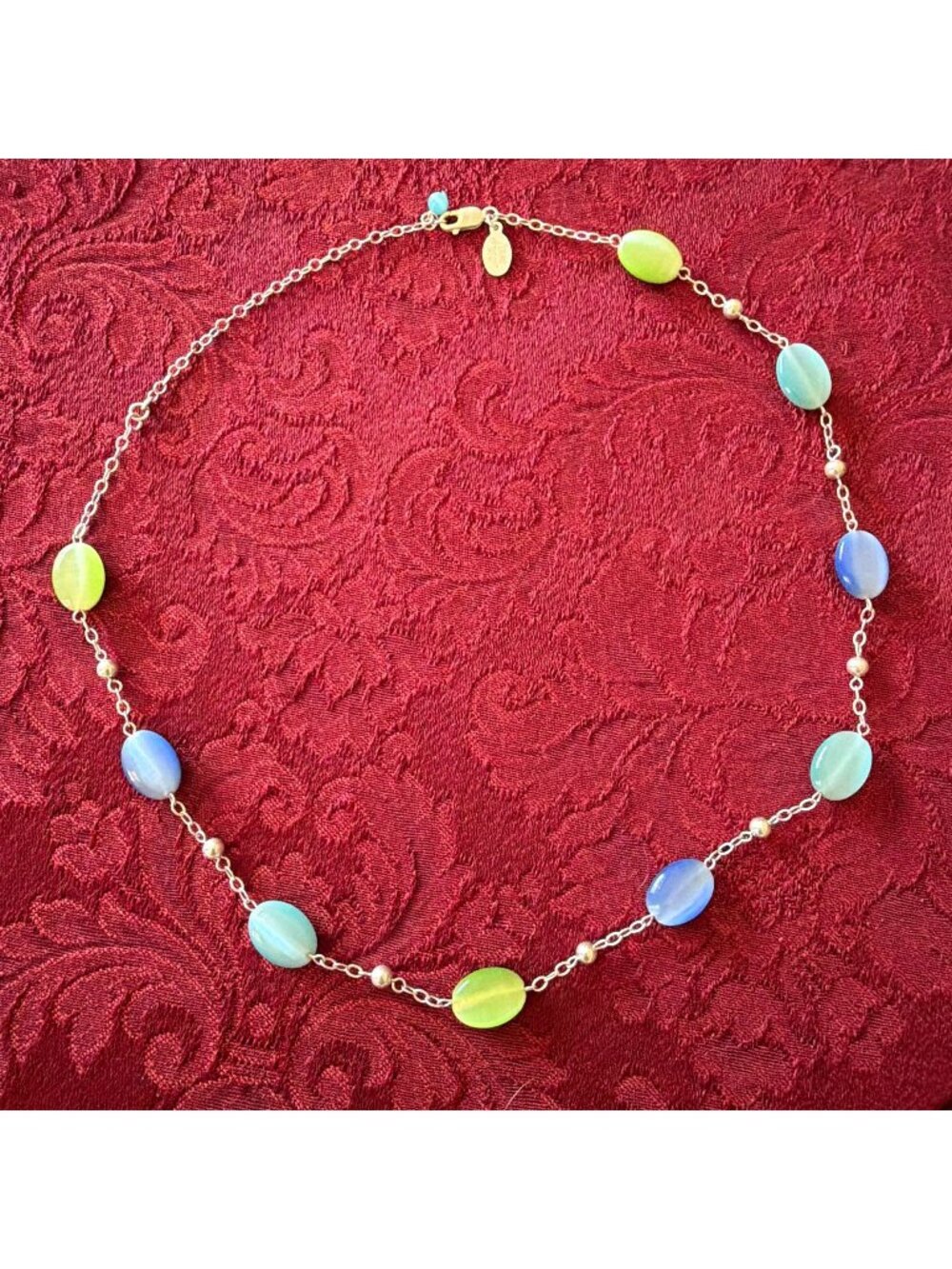 Vintage 925 Sterling Silver Cat Eye Beaded Stone Station Necklace 19" Blue Green